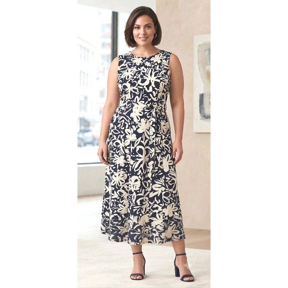 Lauren by Ralph Lauren Midi Dress  Floral Print Fit & Flare Belted Nautical 20W